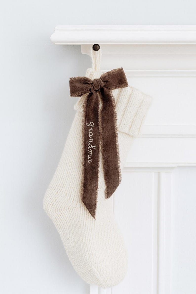 Velvet Embroidered Personalized Ribbon Bow Green red brown pink blue Stocking Christmas Gift Wrap name wedding napkin