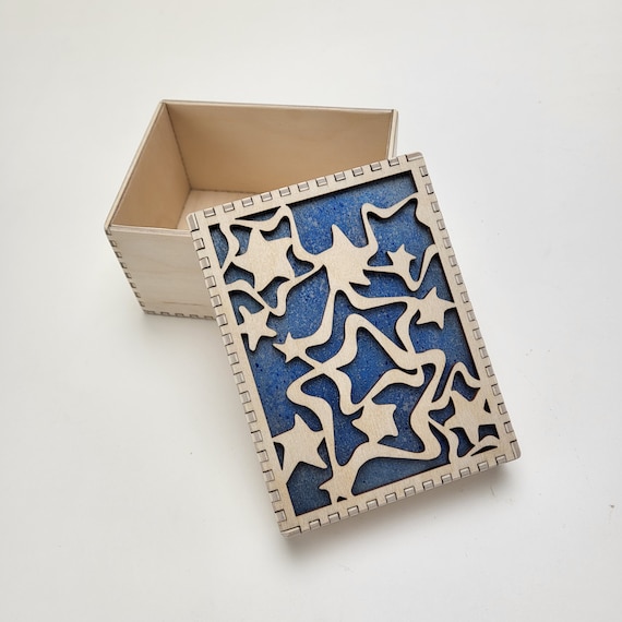 Laser Cut Baltic Birch Deck Box, Swirling Stars Design