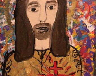May include: A painting of Jesus Christ with long brown hair and a beard. He is wearing a gold and brown robe with a red heart and a cross on his chest. The background is a colorful abstract design.