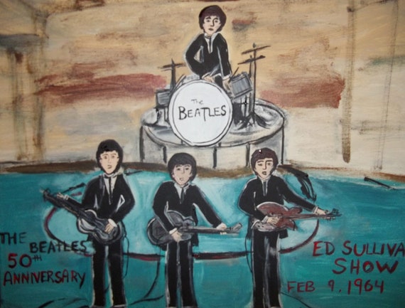 PRINT 8 by 10 Inches Beatles on The Ed Sullivan Show folk art