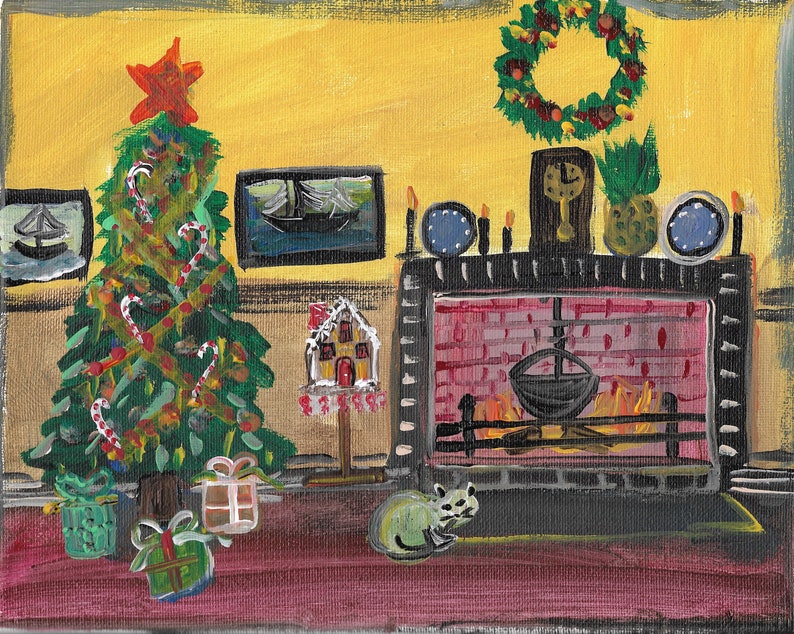 Original Painting Kitty Of Christmas Eve Grandma Moses Style Folk Art - 