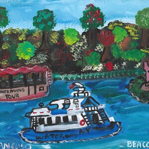 May include: A painting of a blue and white boat with the text "WATERWAY NY" on the side. The boat is in the water, and there are trees and a red building in the background. The text "BANNERMANS TOUR" is on a red and brown boat in the background.