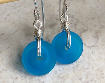 Bright Blue Glass Disc Earrings   Small Sterling Silver Dangle Earrings