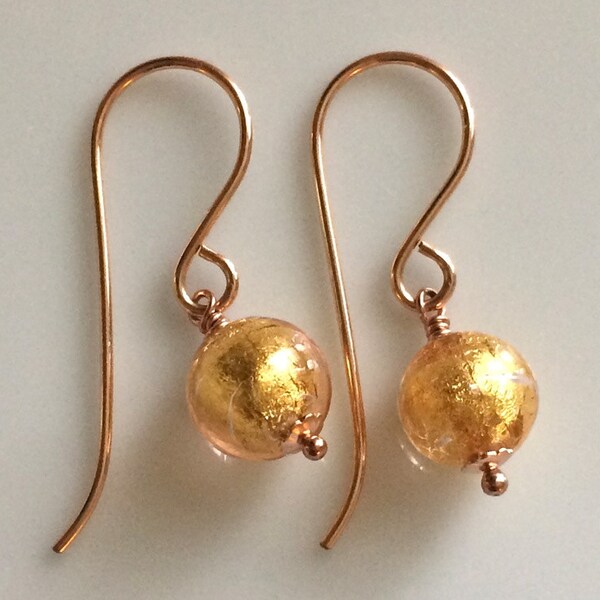 Venetian Glass Earrings / Rose Gold Filled Earrings / Pale Pink Venetian Glass / Murano Glass  / Small Dangle Earrings / Pink and Gold