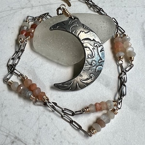 Moonstone Beaded Necklace   Crescent Moon Pendant Necklace   Mixed Metals Necklace
