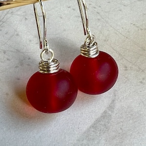 Red Sea Glass Earrings   Sterling Silver Earrings