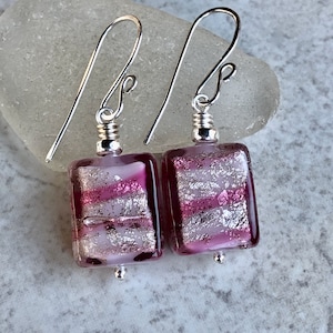 Pink and White Venetian Glass Earrings   Murano Glass Sterling Silver Earrings