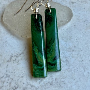 Green Jade Gemstone Earrings    Long Gemstone Earrings   Sterling Silver Wire Wrapped Earrings