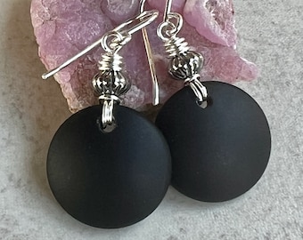 Black Sea Glass Earrings   Black Disc Dangle Earrings   Sterling Silver Earrings