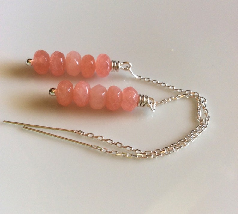Pink Stone Threader Earrings / Sterling Silver Ear Threads / Etsy