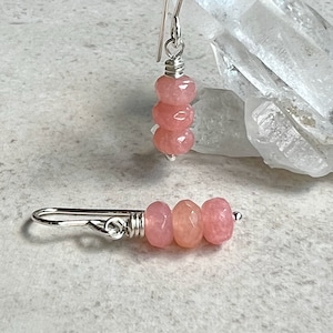 Pink Jade Earrings   Small Gemstone Stacked Earrings   Small Sterling Silver Earrings