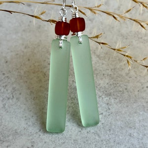 Green Brown Sea Glass Earrings   Long Dangle Earrings   Sterling Silver Earrings