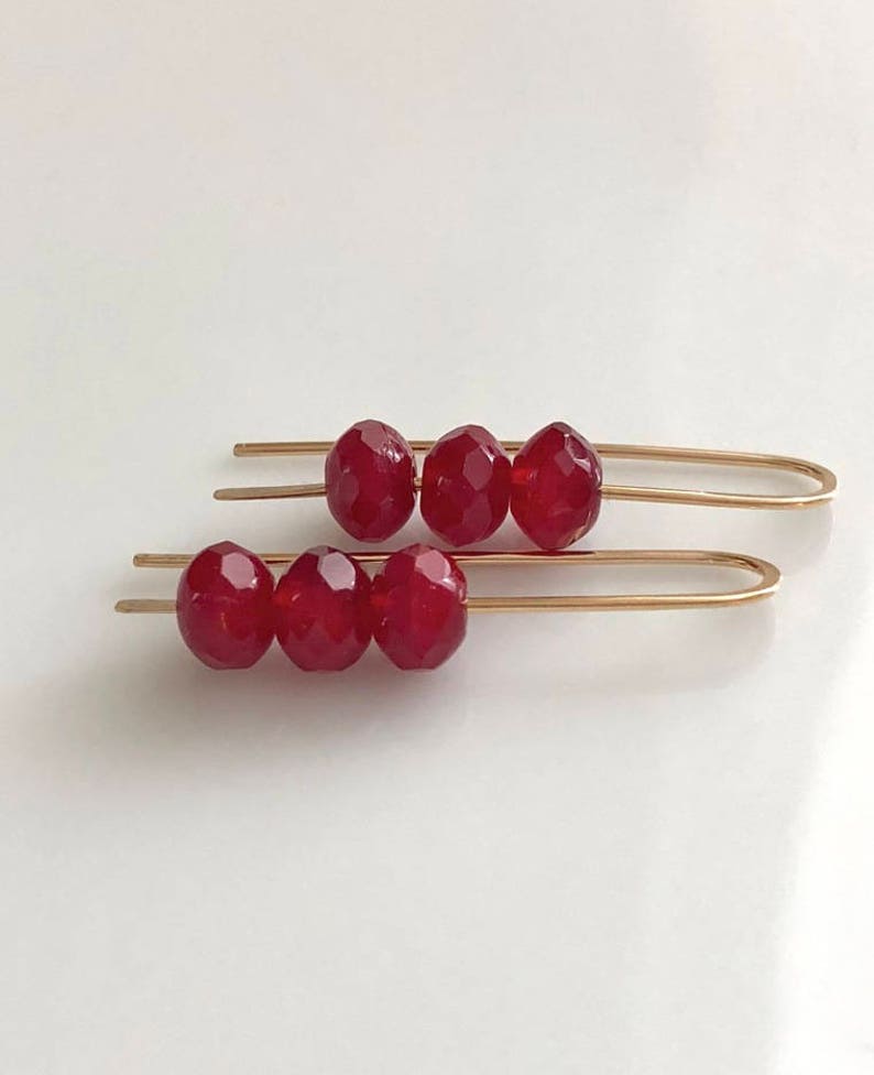 Ruby Red Glass Earrings Gold Filled Wishbone Earrings Modern Look