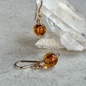 Amber Yellow Murano Glass Earrings   1&quot; Venetian Glass Earrings   Small Gold Filled Earrings