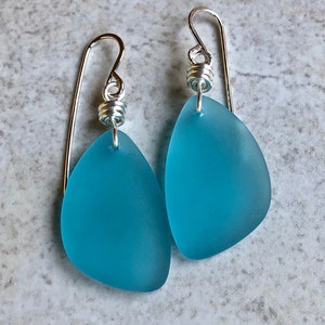Aqua Sea Glass Earrings   Sterling Silver Wire Wrapped Earrings