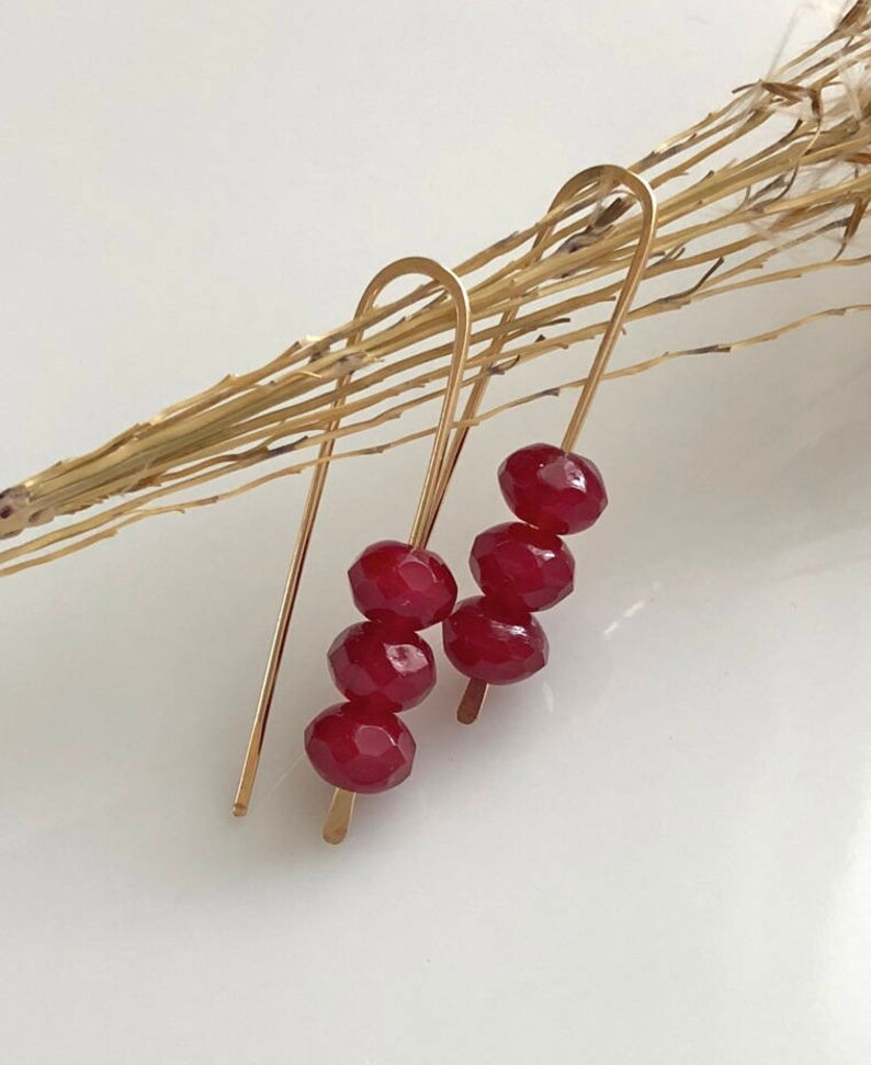 Ruby Red Glass Earrings Gold Filled Wishbone Earrings Modern Look