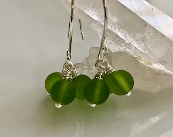 Olive Green Sea Glass Earrings     Sterling Silver Earrings