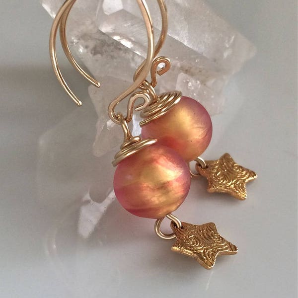Orange Venetian Glass Earrings    Gold Filled Earrings    Celestial   Gold Star Earrings