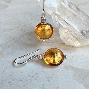 Small Golden Yellow Venetian Murano Glass Earrings    Sterling Silver Dangle Earrings