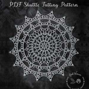 May include: A white doily with a circular design, created using a shuttle tatting technique. The doily is on a black background with the text "Doily # 11 PDF Shuttle Tatting Pattern" and "Gail Weaver Tatting" at the top and bottom of the image.