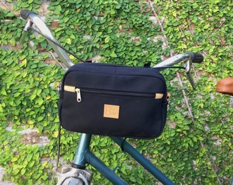 Black canvas handlebar bicycle bag, bicycle accessories, bike bag, cycling bag, bicycle handlebar