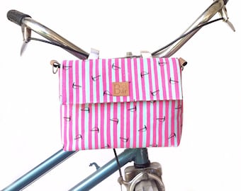 Pink stripes handlebar bicycle bag, handlebar bag, bicycle purse, bicycle accessories, gift for her, sail boats pattern