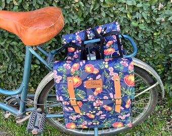 Water Repellent Blue Floral Bicycle Pannier: Waterproof Cordura Bike Bag
