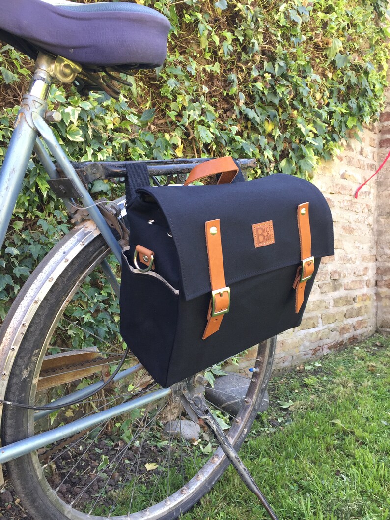 Bicycle Pannier/black Canvas and Leather Pannier/bicycle Etsy