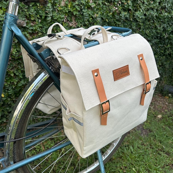 Cream Canvas Bicycle Pannier Bag: Converts to Messenger
