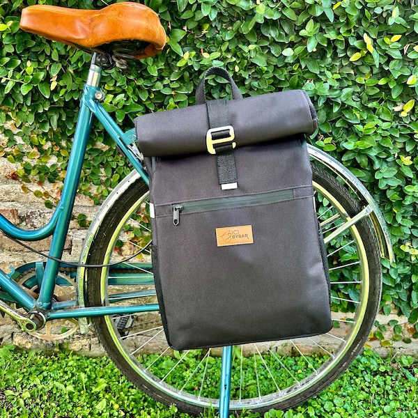 Black Roll Top Backpack Pannier: Water Resistant Convertible Bag