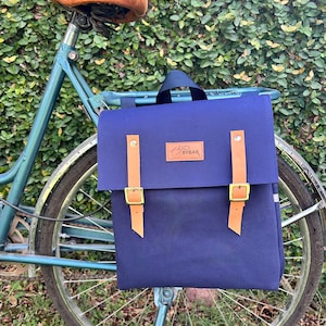 Bicycle pannier/ Navy blue canvas and leather pannier/ bicycle messenger/ bicycle bag/ bicycle accessories/ canvas and leather