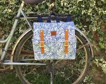 Bicycle pannier/ Blue Hawaii canvas and leather pannier/ bicycle messenger/ bicycle bag/ bicycle accessories/ canvas and leather