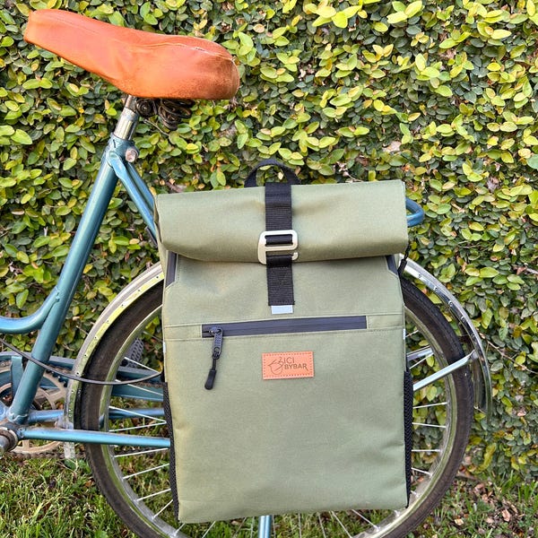 Green Roll Top Backpack Pannier: Water- resistant Convertible Bicycle Bag