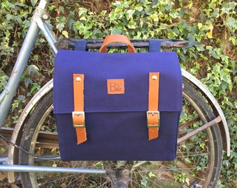 Alforja para bicicleta/ Alforja de lona y cuero azul marino/ Mensajero para bicicleta/ Bolsa para bicicleta/ Accesorios para bicicletas/ Lona y cuero