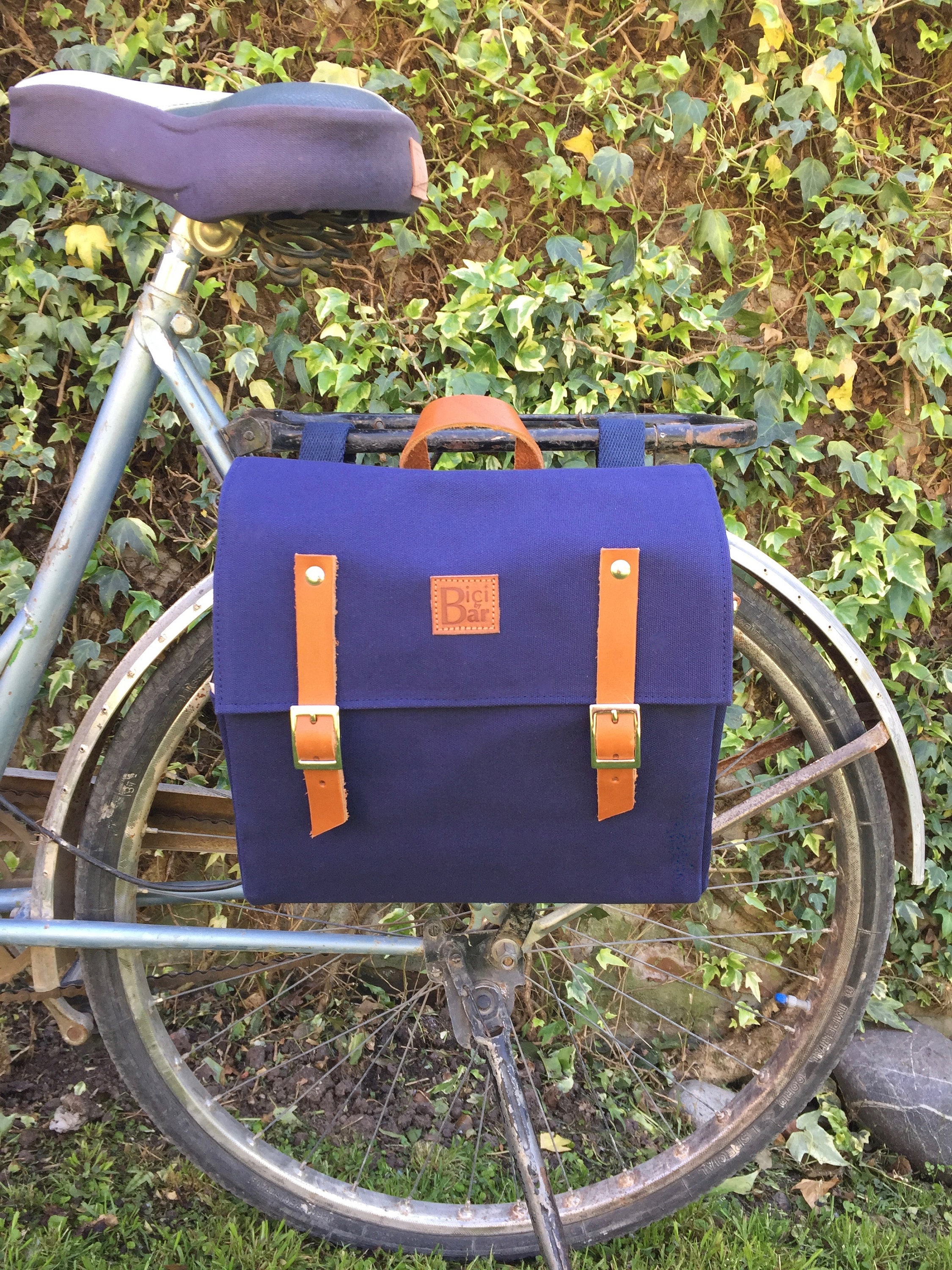 Bicycle Pannier/ Navy Blue Canvas and Leather Pannier/ Bicycle Etsy