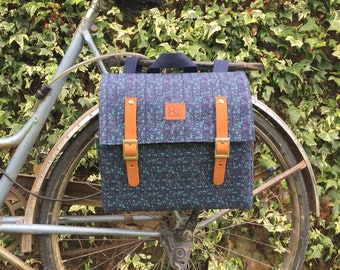 Bicycle pannier/ Wheat blue canvas and leather pannier/ bicycle messenger/ bicycle bag/ bicycle accessories/ canvas and leather
