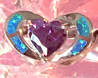 Heart Faceted Amethyst and Opal 925 Sterling Silver Ring 6