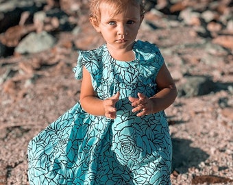 Baby girl dress, toddler dress, roses, rose dress, rose tattoo, blue dress, toddler blue dress, spring/summer dress.