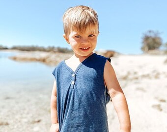 Summer singlet, blue, earth elements tee, recycled cotton, recycled plastic bottles, handmade, summer, boys singlet, uni-sex