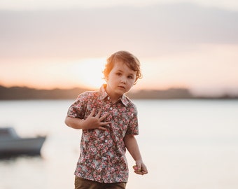 Boys Beige Floral Shirt, Boys dress shirt, collared shirt, toddler flower shirt