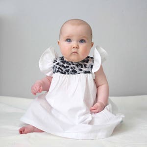 White and Leopard Print Baby Girl Dress, Toddler dress, boho flutter christening dress, baptism dress first birthday dress, new born to 3T image 4