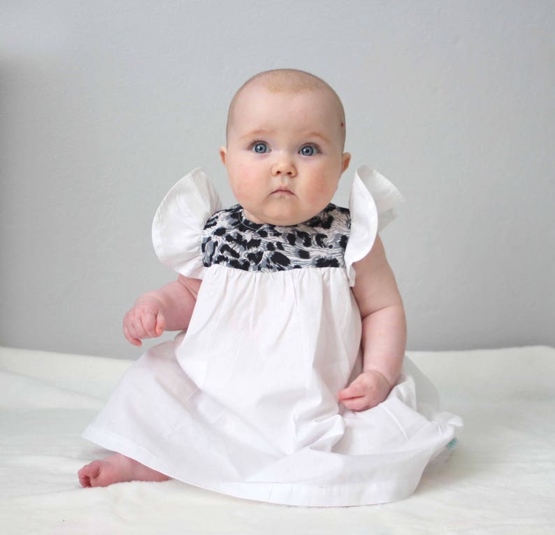 White and Leopard Print Baby Girl Dress, Toddler dress, boho flutter christening dress, baptism dress first birthday dress, new born to 3T image 4