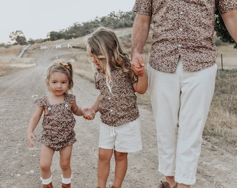 father and daughter matching shirt and romper, baby girl Romper, boho matchy matchy, Vintage brown and pink floral, mens oxford shirt