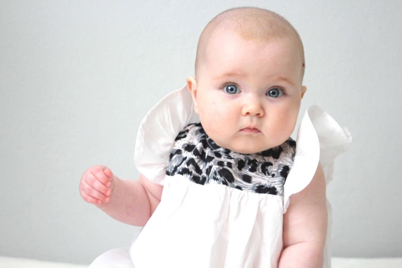 White and Leopard Print Baby Girl Dress, Toddler dress, boho flutter christening dress, baptism dress first birthday dress, new born to 3T image 2