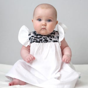 White and Leopard Print Baby Girl Dress, Toddler dress, boho flutter christening dress, baptism dress first birthday dress, new born to 3T image 1