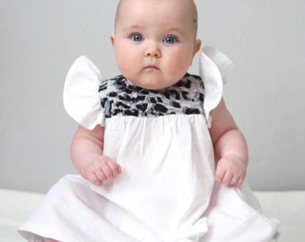 White and Leopard Print Baby Girl Dress, Toddler dress, boho flutter christening dress, baptism dress first birthday dress, new born to 3T