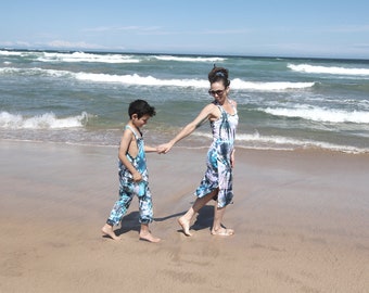 Women’s summer dress, tiedye dress, summer staple, mummy and me, matching, ladies dress, girls summer dress, mid length dress, white, blue