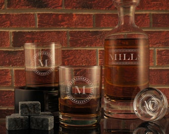 Distilled Spirits Gift Set including Decanter with Stopper, Two Crystal Tumblers, & Ice Stones with Engraving Options (Gift Set)