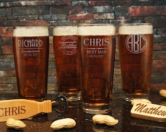 Personalized English Pub Beer Drinking Glasses Engraved with Groomsman Designs & Font Selection OPTIONAL Monogrammed Magnetic Bottle Openers