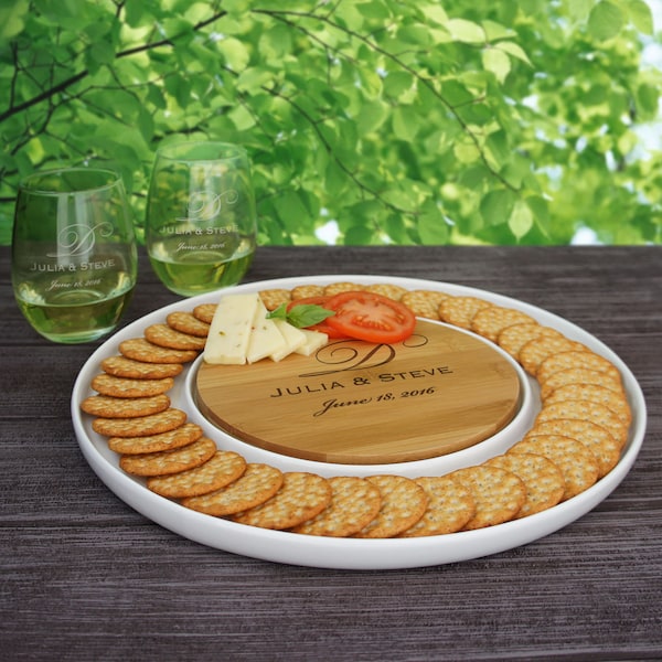 Personalized Cutting Board & Ceramic Serving Platter Combo with Bamboo Cutting Board Engraved (13" Diameter) See Additional Images